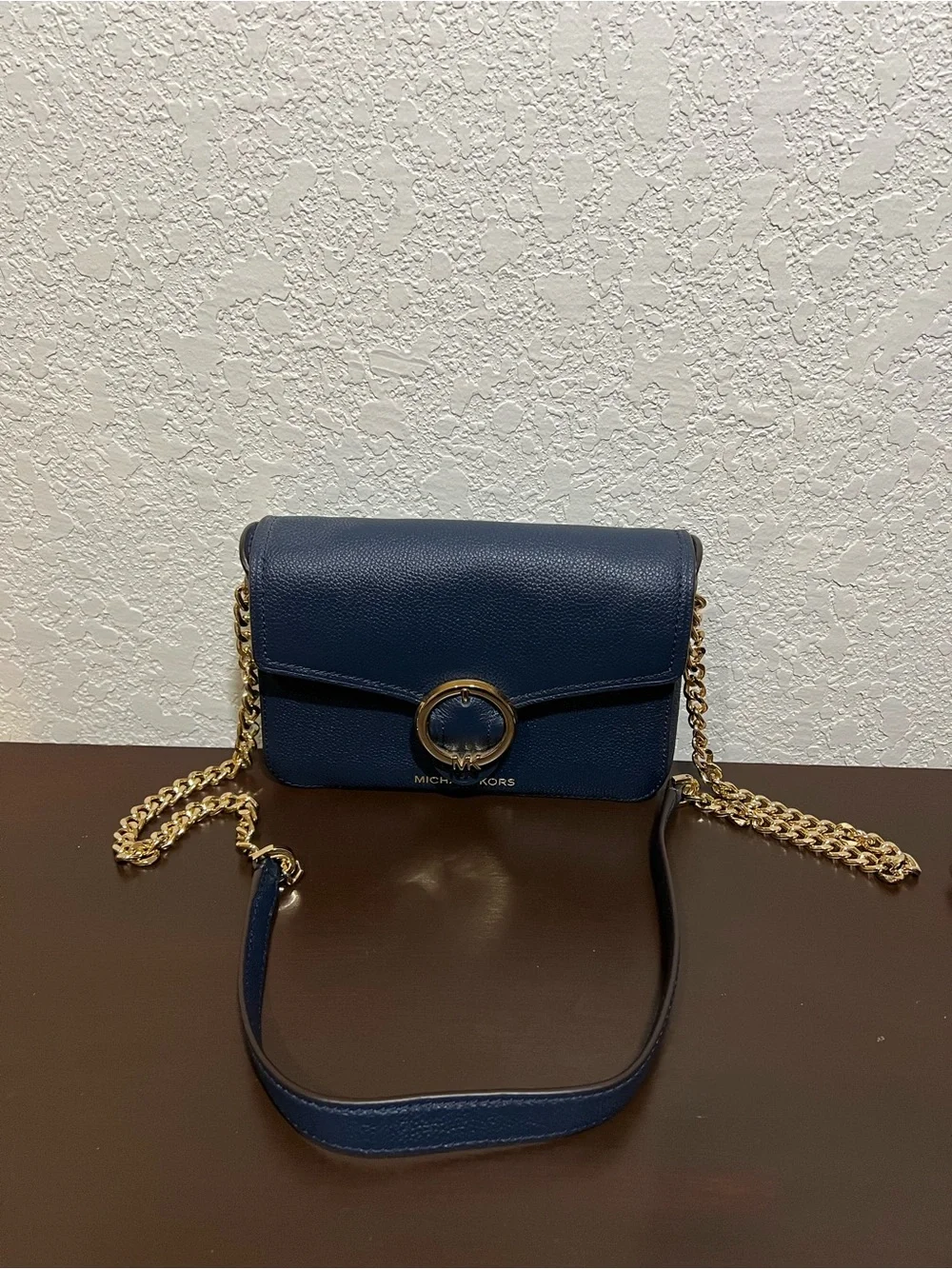 Michael Kors Navy Leather Crossbody with Gold Chain Ring Detail